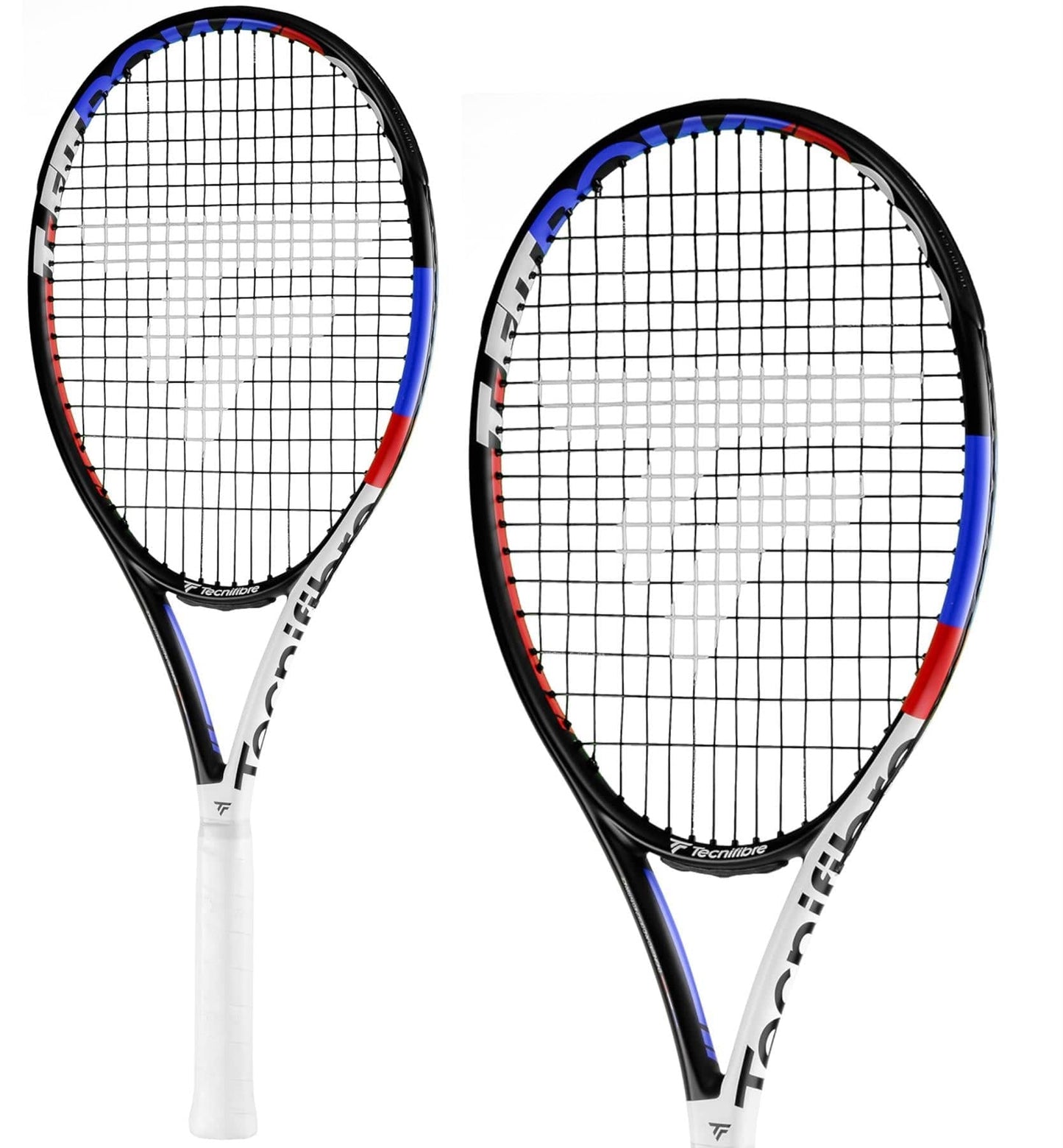 Two Tecnifibre TFit 280 Power 2021 tennis rackets, featuring a sleek black and white design, are displayed. These reasonably priced rackets are perfect for intermediate players, offering an outstanding combination of power and control. The woven strings ensure precision, while the white grips snugly cover the handles, prominently displaying the Tecnifibre brand name on the sides.