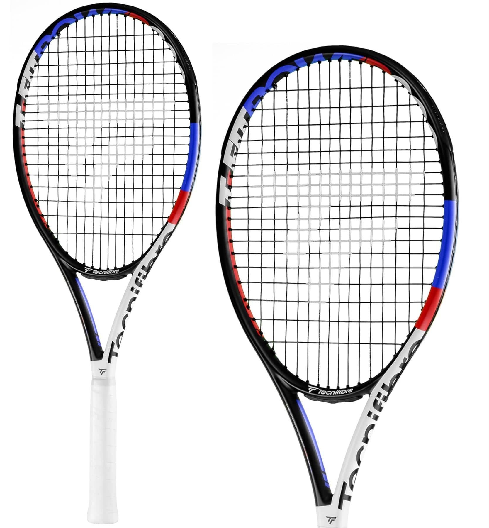 Two Tecnifibre TFit 280 Power 2021 tennis rackets, featuring a sleek black and white design, are displayed. These reasonably priced rackets are perfect for intermediate players, offering an outstanding combination of power and control. The woven strings ensure precision, while the white grips snugly cover the handles, prominently displaying the Tecnifibre brand name on the sides.