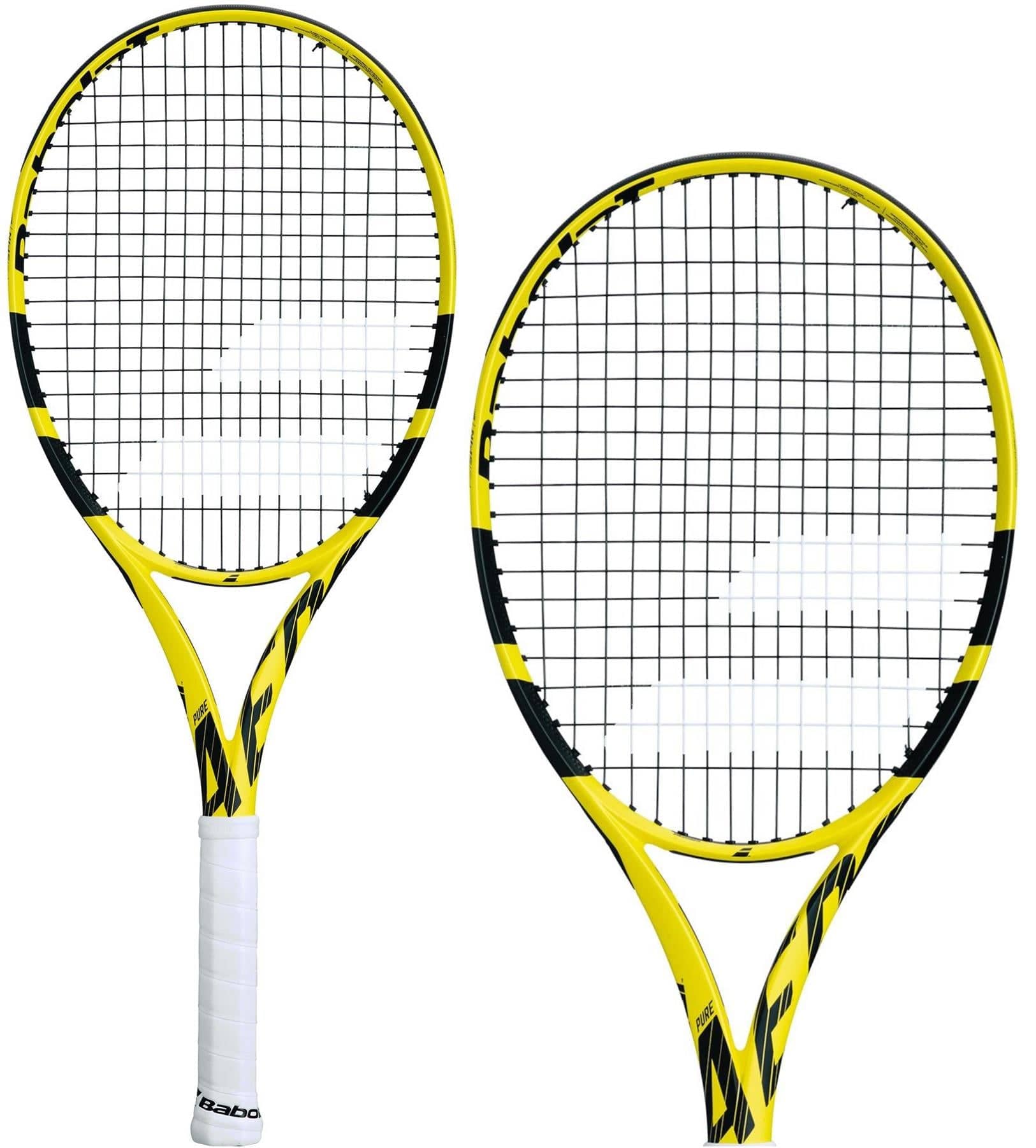 Two Babolat Pure Aero Super Lite tennis rackets in yellow and black are displayed side by side. Each racket features a white grip and a black string pattern designed for optimal spin generation, with the Babolat logo prominently displayed on both the strings and frame. These lightweight rackets are set against a clean, white background.