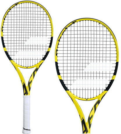 Two Babolat Pure Aero Super Lite tennis rackets in yellow and black are displayed side by side. Each racket features a white grip and a black string pattern designed for optimal spin generation, with the Babolat logo prominently displayed on both the strings and frame. These lightweight rackets are set against a clean, white background.