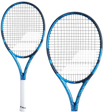 Two Babolat Pure Drive Lite tennis rackets in blue with black and white details, designed to deliver both power and precision. The rackets feature a modern design, showcased from various angles and highlighting their patterned string bed.