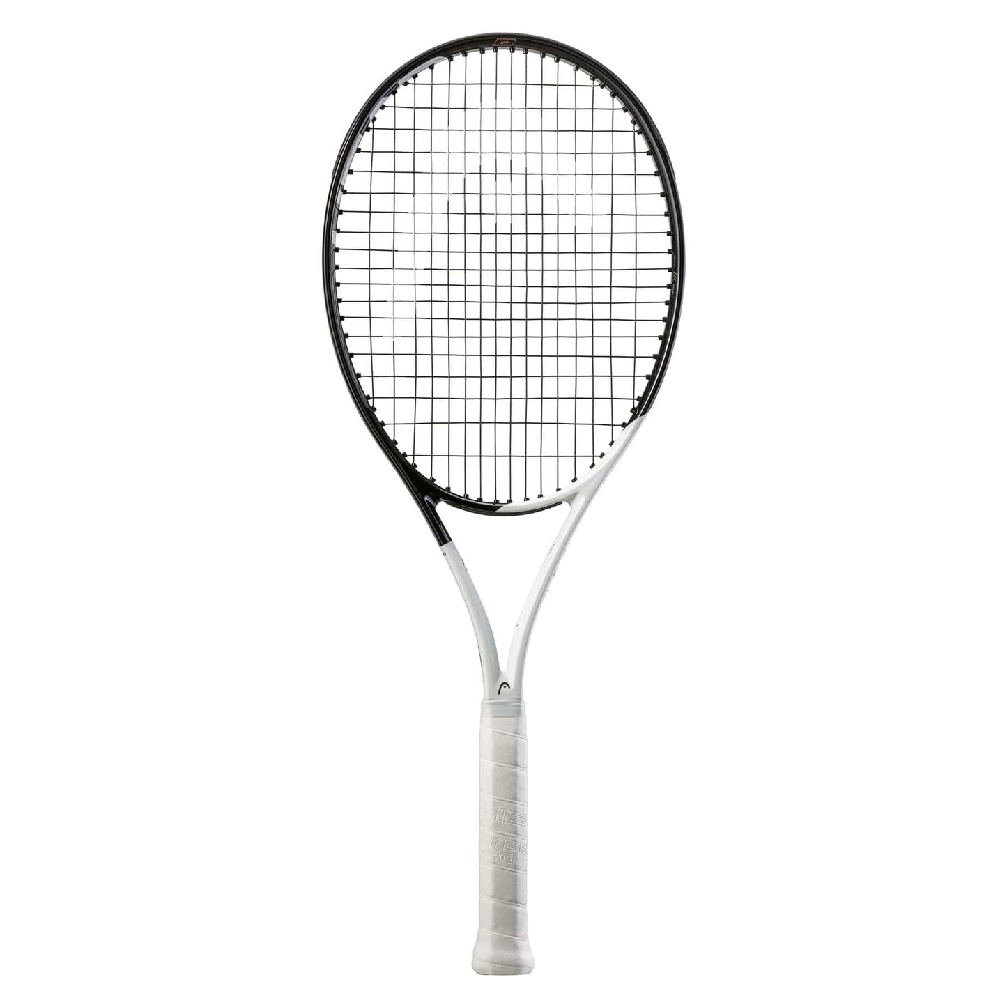 The HEAD Speed MP 2022 Tennis Racket by HEAD displays a sophisticated white and black design with a refined handle, incorporating Graphene Inside technology. It boasts an oval-shaped head with a string grid enhanced by Auxetic construction and is positioned upright against a simple white background.