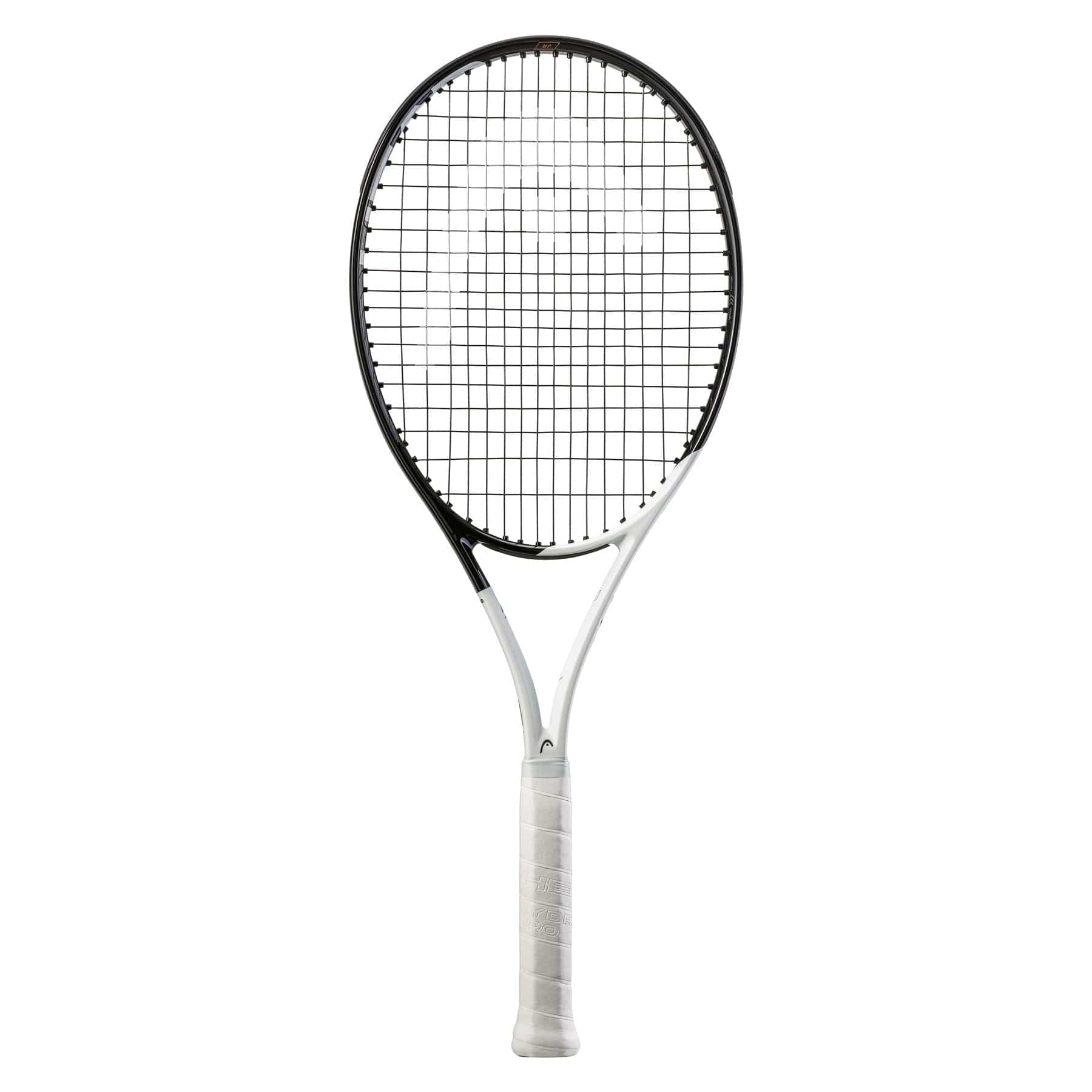 The HEAD Speed MP 2022 Tennis Racket by HEAD displays a sophisticated white and black design with a refined handle, incorporating Graphene Inside technology. It boasts an oval-shaped head with a string grid enhanced by Auxetic construction and is positioned upright against a simple white background.