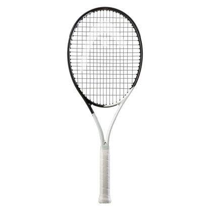 The HEAD Speed MP 2022 Tennis Racket by HEAD displays a sophisticated white and black design with a refined handle, incorporating Graphene Inside technology. It boasts an oval-shaped head with a string grid enhanced by Auxetic construction and is positioned upright against a simple white background.
