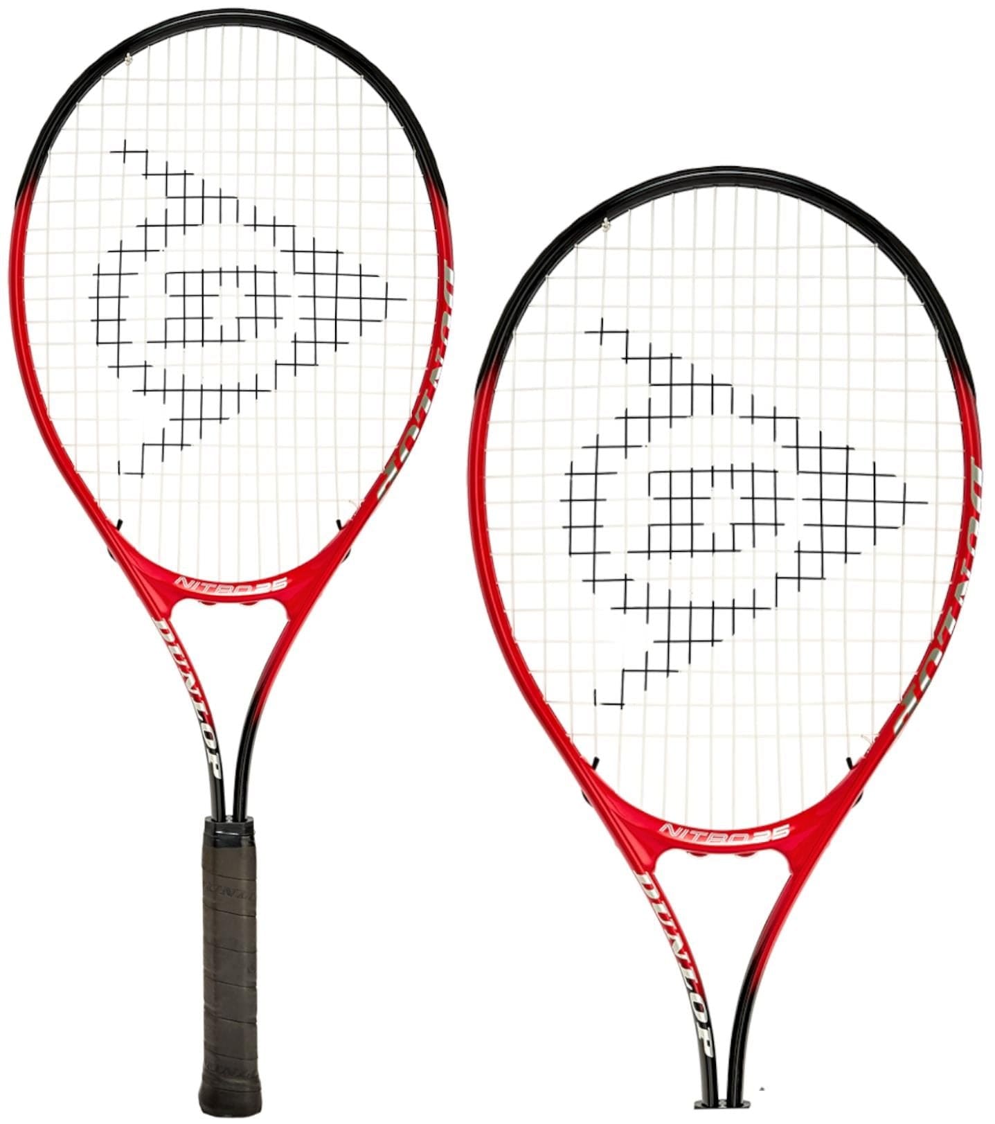 Two Dunlop Nitro Junior 25 Tennis Rackets in red and black, each with a black handle and a white string pattern, featuring a bold black geometric design at the center, constructed from durable aluminum, showcased on a clean white backdrop.