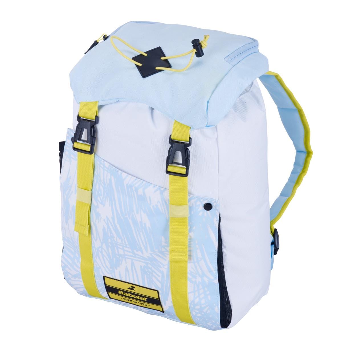 The Babolat Junior Classic Tennis Backpack, made from recycled PET, showcases a white and blue design with black buckles and a top flap. Its abstract pattern on the front pocket adds style, while the adjustable shoulder strap ensures comfort for aspiring champions on the move.