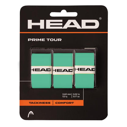 A pack of mint green and white HEAD Prime Tour tennis rackets designed for comfort, featuring a high-quality HEAD Prime Tour Tennis Overgrip (3 Pack) for improved control.