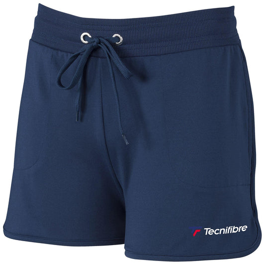 The Tecnifibre Women's Tennis Shorts in Marine Blue feature a drawstring waist and two front pockets, providing excellent stretch-ability for maximum comfort. The left leg is embellished with the "Tecnifibre" logo in white and red, making them perfect for active endeavors.