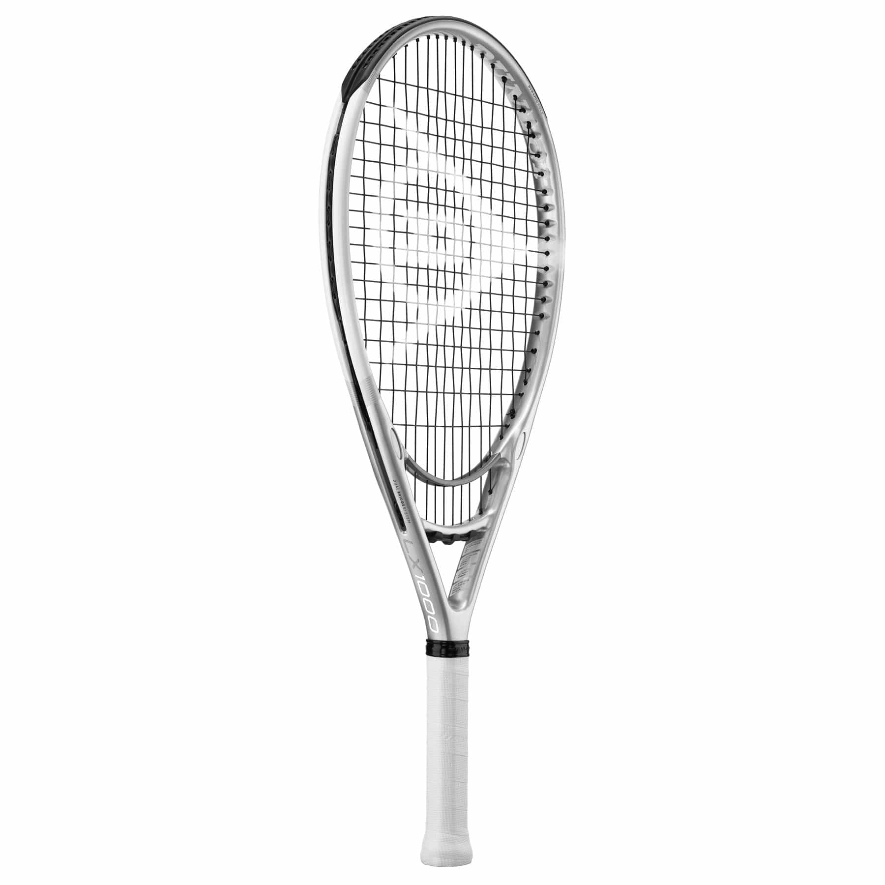 The Dunlop LX 1000 Tennis Racket - Silver (Frame Only) by Dunlop boasts a modern design with its black grip and string grid against a white backdrop, amplifying shot power while showcasing elegantly placed brand logos on both the frame and strings.