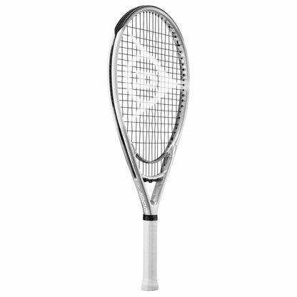 The Dunlop LX 1000 Tennis Racket - Silver (Frame Only) by Dunlop boasts a modern design with its black grip and string grid against a white backdrop, amplifying shot power while showcasing elegantly placed brand logos on both the frame and strings.