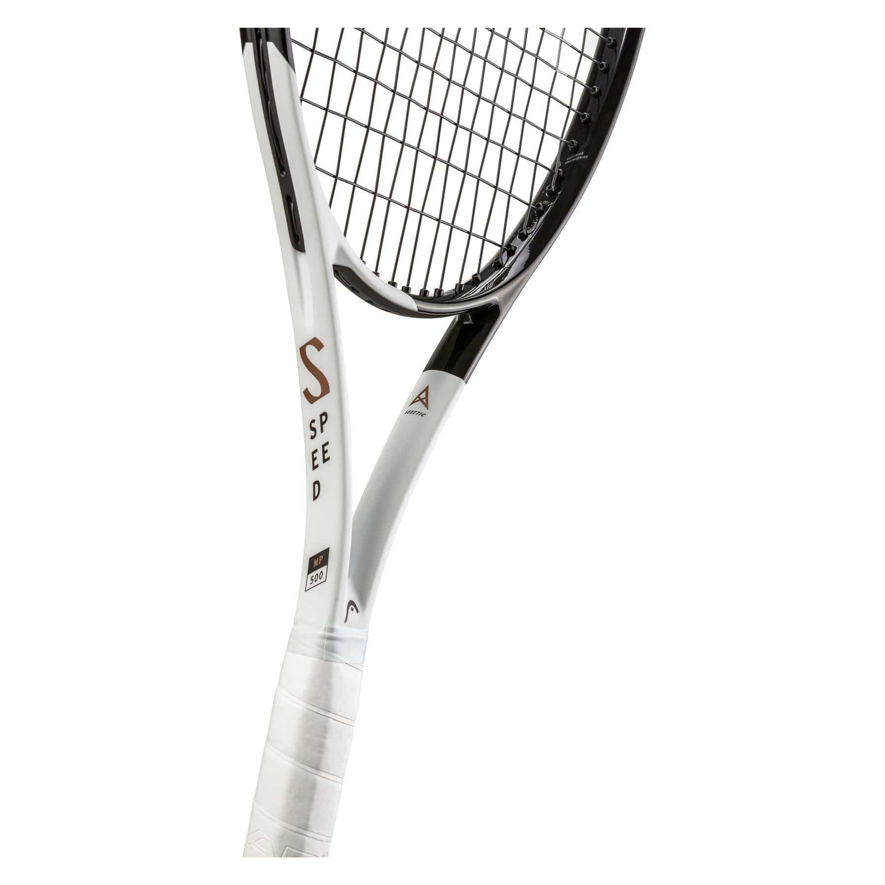 A close-up of the HEAD Speed MP 2022 tennis racket showcases black strings set against a white frame. The frame prominently features the word "SPEED" in bold, dark lettering and incorporates cutting-edge Auxetic technology. The racket's handle is elegantly wrapped in a sleek white grip, utilizing Graphene Inside to ensure optimal performance.