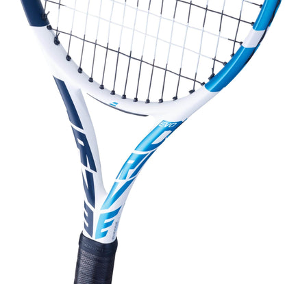 Close-up of the Babolat Evo Drive Tennis Racket - White (Strung), perfect for intermediate players. The racket features a white and blue frame with black strings, and the handle is wrapped in black grip tape. The word "EVO" stands out on the frame against a plain white background.