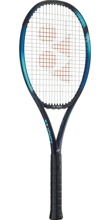 With a clean white background, the Sky Blue Yonex EZONE Game Tennis Racket showcases a black grip and an orange logo on the strings, making it ideal for beginner or intermediate players. Its innovative design incorporates Vibration Dampening Mesh for improved playability.