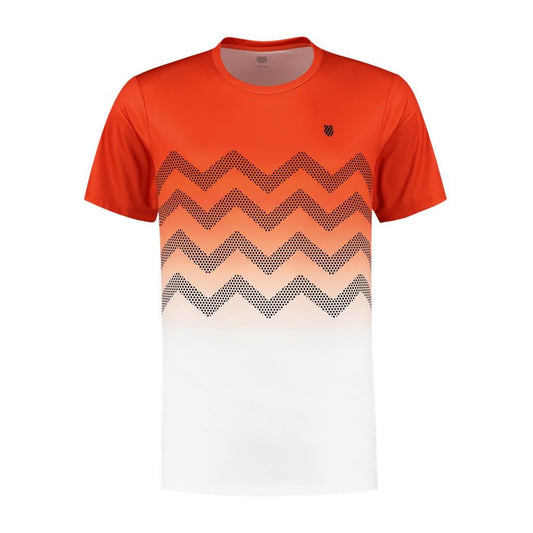 Introducing the K-Swiss Hypercourt Print Crew 2 Men's T-shirt in Orange and White. This short-sleeved tennis tee showcases a striking gradient design, smoothly transitioning from orange at the top to white at the bottom. It features an eye-catching zigzag pattern in black dots across the chest, complemented by a subtle logo on the left side—an ideal choice for performance clothing enthusiasts seeking both style and functionality.