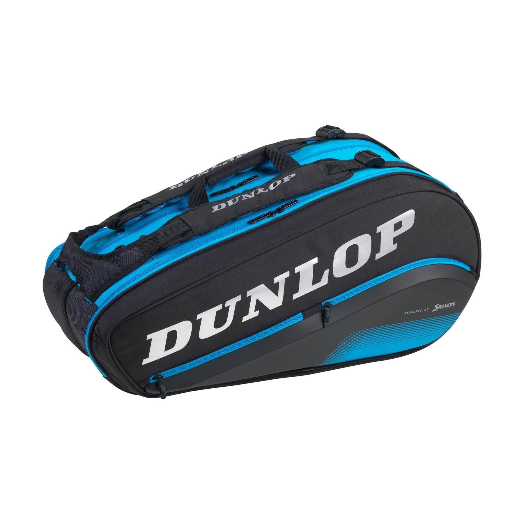 The Dunlop FX Performance 8 Racket Thermo Tennis Bag in black and blue showcases the Dunlop brand prominently in white letters. It includes thermo insulation, multiple compartments, ergonomic shoulder straps, and a sturdy handle for comfortable carrying of tennis equipment.