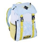 The Babolat Junior Classic Tennis Backpack in white and blue features vibrant light blue, yellow, and white panels crafted from recycled PET. It comes with adjustable yellow straps, side mesh pockets, and a top flap secured by a black clip closure—ideal for aspiring champions.