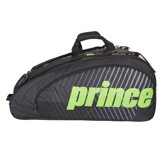 The Prince Tour Challenger 9 Racket Tennis Bag in black features a large compartment with thermal protective lining and comfortable shoulder straps. The brand name "Prince" stands out boldly in green letters on the side, ensuring your gear stays secure while you effortlessly carry up to nine rackets.