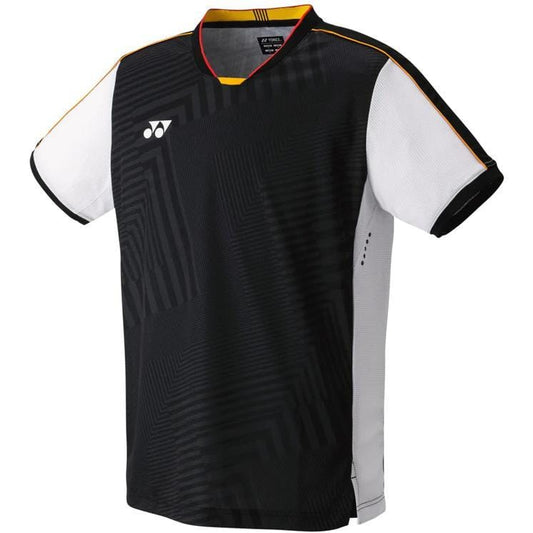 Introducing the Yonex 10512 Men's T-Shirt (Team China) in black. This sports jersey showcases white sleeves complemented by red, yellow, and black trim at the collar and cuffs. It features understated geometric patterns, a small logo on the left chest, and incorporates VERYCOOL technology for improved comfort.