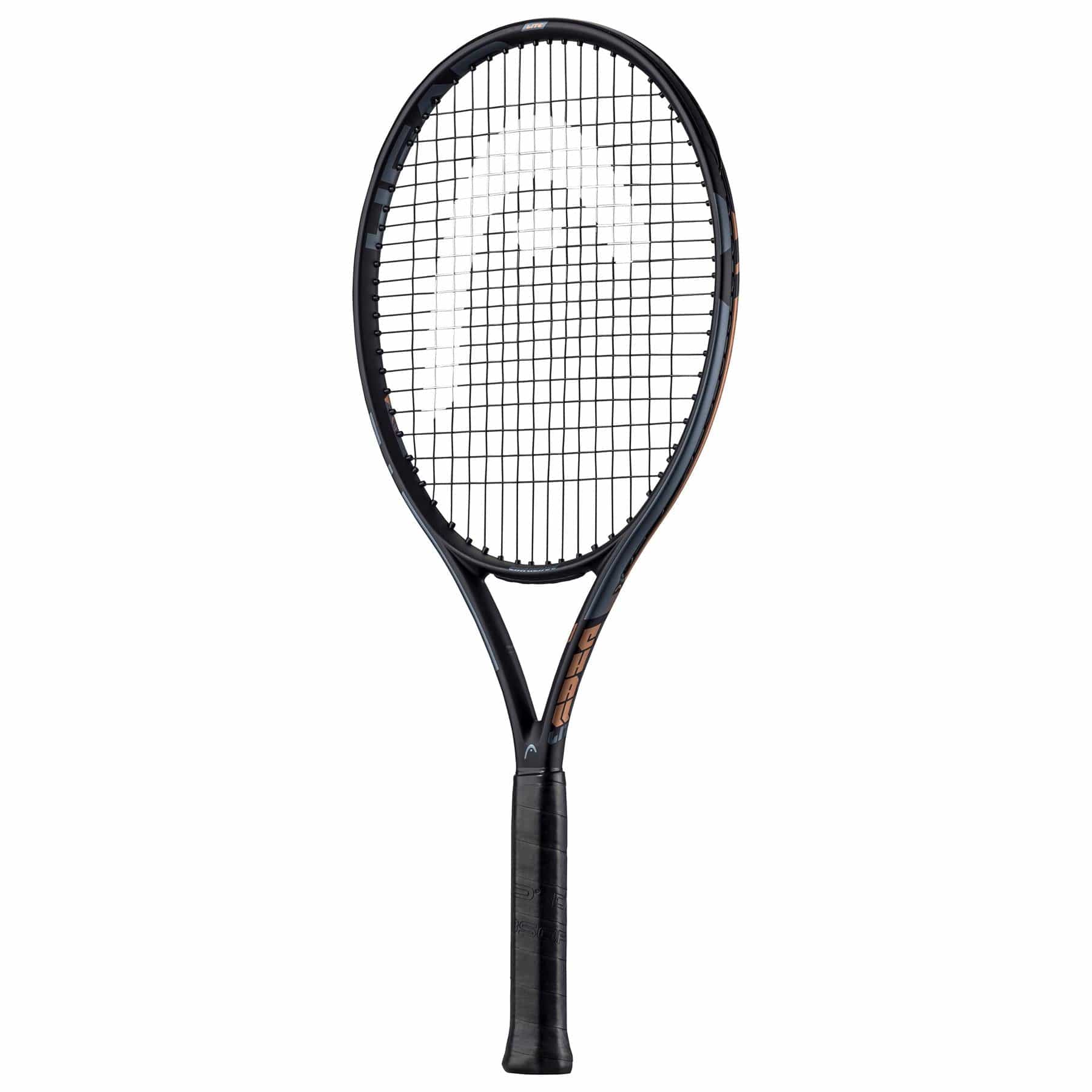 The HEAD IG Challenge Lite Tennis Racket in copper, designed with beginner players in mind, features a sleek logo on its strings. Made with durable graphite and wrapped in black material for a comfortable grip, this racket is elegantly displayed against a plain white background.