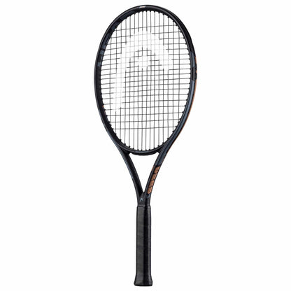 The HEAD IG Challenge Lite Tennis Racket in copper, designed with beginner players in mind, features a sleek logo on its strings. Made with durable graphite and wrapped in black material for a comfortable grip, this racket is elegantly displayed against a plain white background.
