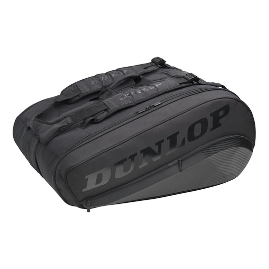 The Dunlop CX Performance 12 Racket Thermo Tennis Bag in Black includes several compartments to hold up to 12 rackets. It features robust zippers and a subtle patterned design, complemented by a prominent gray Dunlop logo. Adjustable shoulder straps enhance its convenience for carrying your tennis equipment.