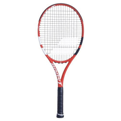 The Babolat Boost Strike Tennis Racket - Red Black White (Strung) by Babolat showcases a striking design with its red and black colors complemented by a white logo on both the strings and frame. Made from graphite construction, it delivers exceptional performance and makes an elegant statement against a plain white background.
