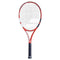 The Babolat Boost Strike Tennis Racket - Red Black White (Strung) by Babolat showcases a striking design with its red and black colors complemented by a white logo on both the strings and frame. Made from graphite construction, it delivers exceptional performance and makes an elegant statement against a plain white background.
