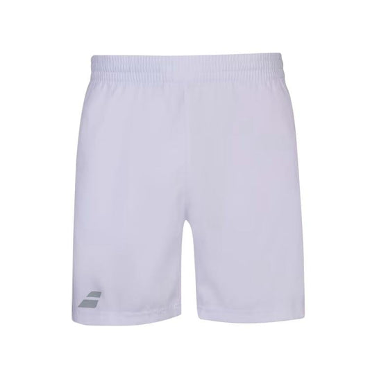 Babolat Play Men's Tennis Shorts in white feature an elastic waistband and a small logo on the lower left leg. The plain and simple design, combined with Fiberdry technology, ensures comfort, making these shorts perfect for sports or casual wear.