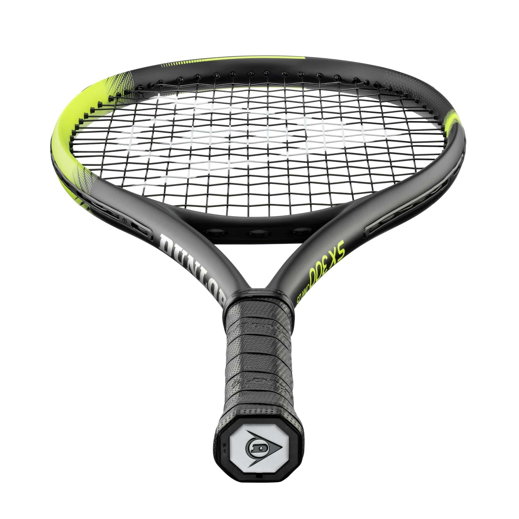 Close-up view of a Dunlop SX 300 Junior 25 Tennis Racket with a black and green frame, featuring a textured grip and string pattern. The HM6 Carbon design ensures durability, while the Dunlop logo is visible on the handle's end cap.