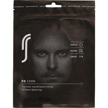 The Robin Soderling RS Lyon Tennis String 12m Set - Silver is presented in sleek black packaging with a grayscale face design. Made from high-performance co-poly material, it boasts details such as "Profile: 1.25mm," "Colour: Pearl Silver," and "Length: 12m," which contribute to better tension maintenance for enhanced gameplay.