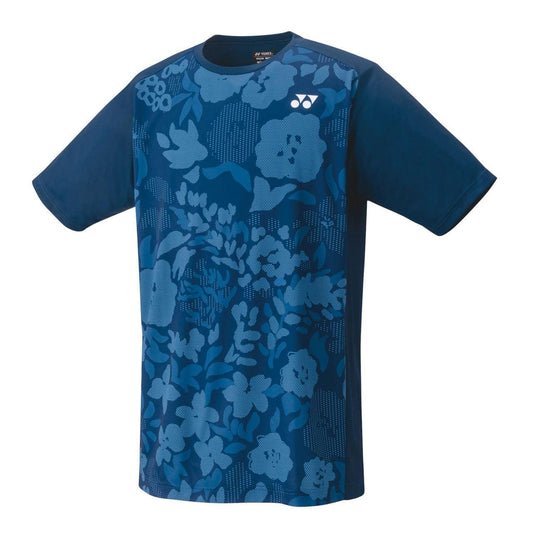 Introducing the Yonex 16631 Men's T-Shirt in Sapphire Navy, a stylish top featuring a floral pattern on the front panel with solid dark blue sleeves and back. Designed with a blend of casual and sporty aesthetics, this shirt is made from moisture-wicking fabric to ensure all-day comfort.