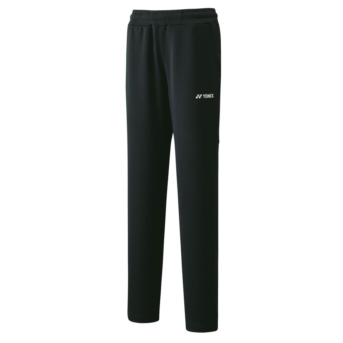 The Yonex 67050 Women's Tracksuit Pants in black feature an elastic waistband and a subtle white logo near the hip pocket. Designed for versatility, these stylish pants provide UV protection, ideal for both athletic activities and everyday wear.
