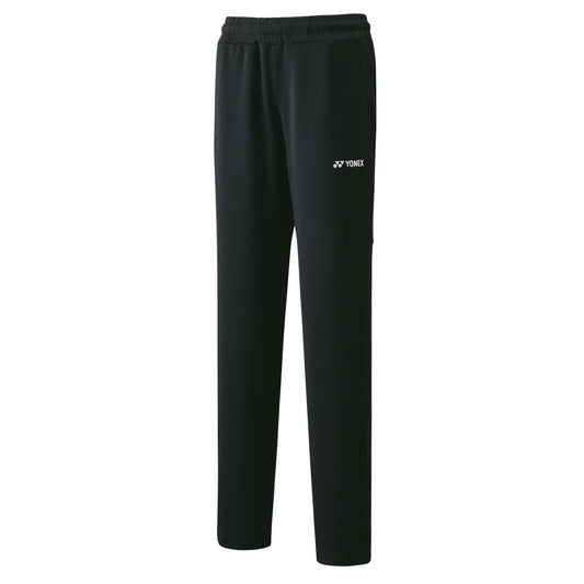The Yonex 67050 Women's Tracksuit Pants in black feature an elastic waistband and a subtle white logo near the hip pocket. Designed for versatility, these stylish pants provide UV protection, ideal for both athletic activities and everyday wear.