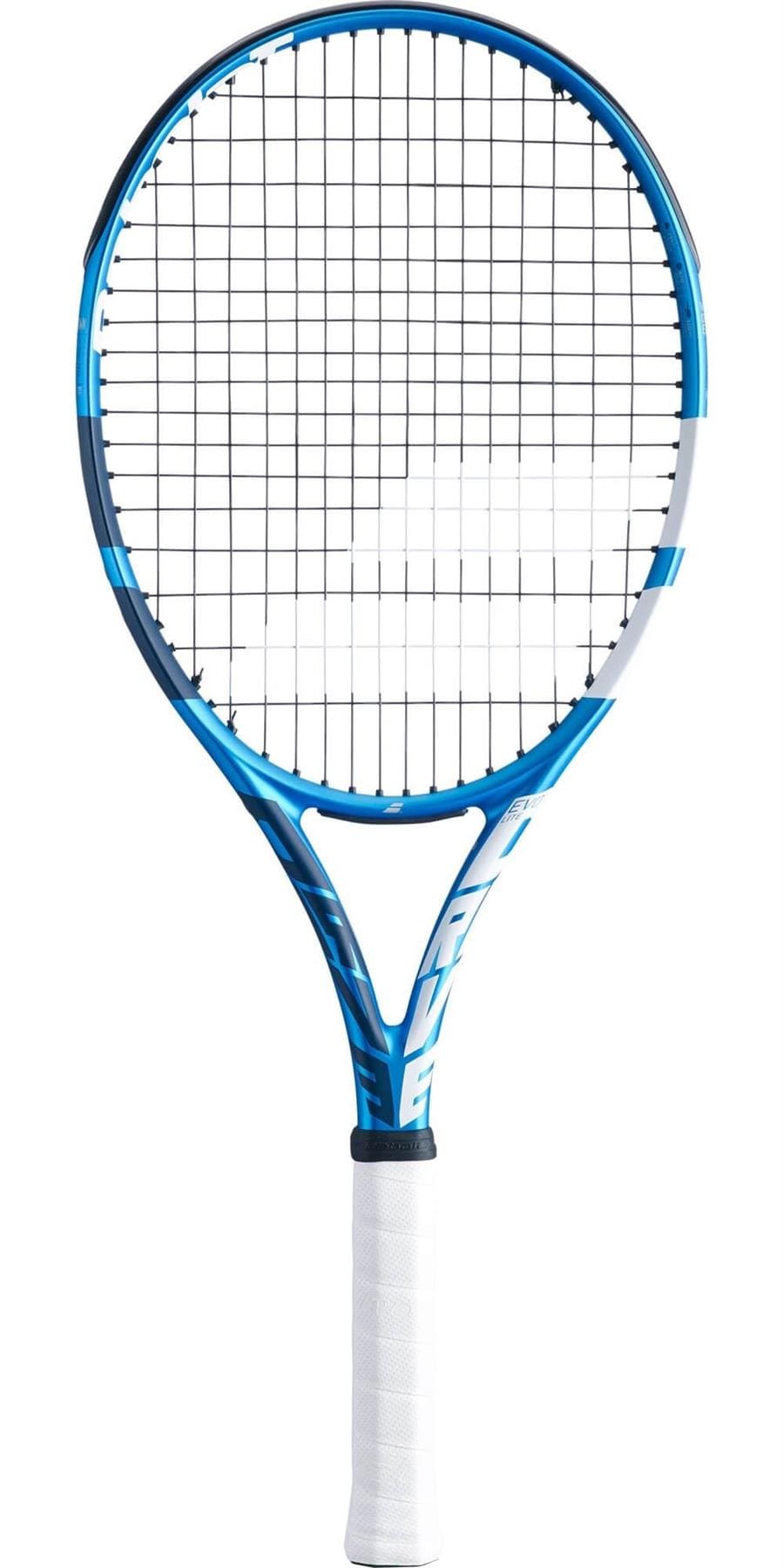 The Babolat EVO Drive Lite Tennis Racket in blue, featuring a strung grid and white grip handle, offers exceptional power and comfort. This elegantly lightweight racket stands out against a plain background.
