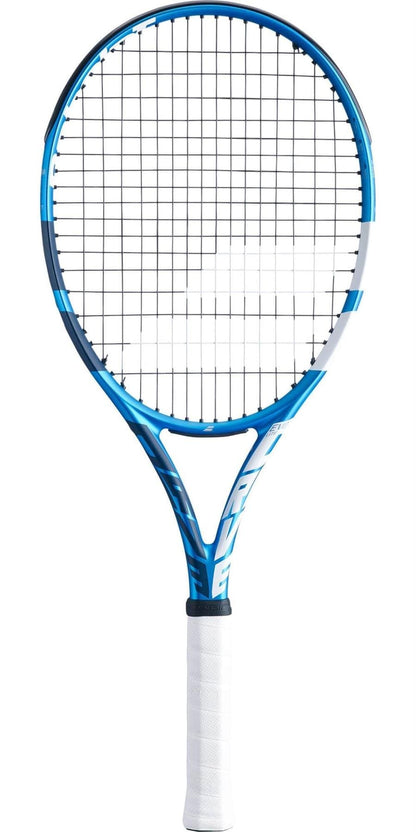 The Babolat EVO Drive Lite Tennis Racket in blue, featuring a strung grid and white grip handle, offers exceptional power and comfort. This elegantly lightweight racket stands out against a plain background.