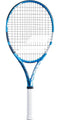 The Babolat EVO Drive Lite Tennis Racket in blue, featuring a strung grid and white grip handle, offers exceptional power and comfort. This elegantly lightweight racket stands out against a plain background.