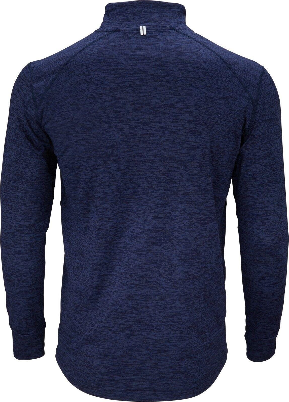 Introducing the Victor Longsleeve Men's Quarter Zip Jacket in Blue, a navy athletic shirt featuring long sleeves and a high collar. Crafted by Victor from lightweight fabric with a subtle texture, this jacket offers a sleek design highlighted by a small vertical white stripe near the back collar. Its form-fitting material makes it ideal for active wear.