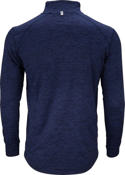 Introducing the Victor Longsleeve Men's Quarter Zip Jacket in Blue, a navy athletic shirt featuring long sleeves and a high collar. Crafted by Victor from lightweight fabric with a subtle texture, this jacket offers a sleek design highlighted by a small vertical white stripe near the back collar. Its form-fitting material makes it ideal for active wear.
