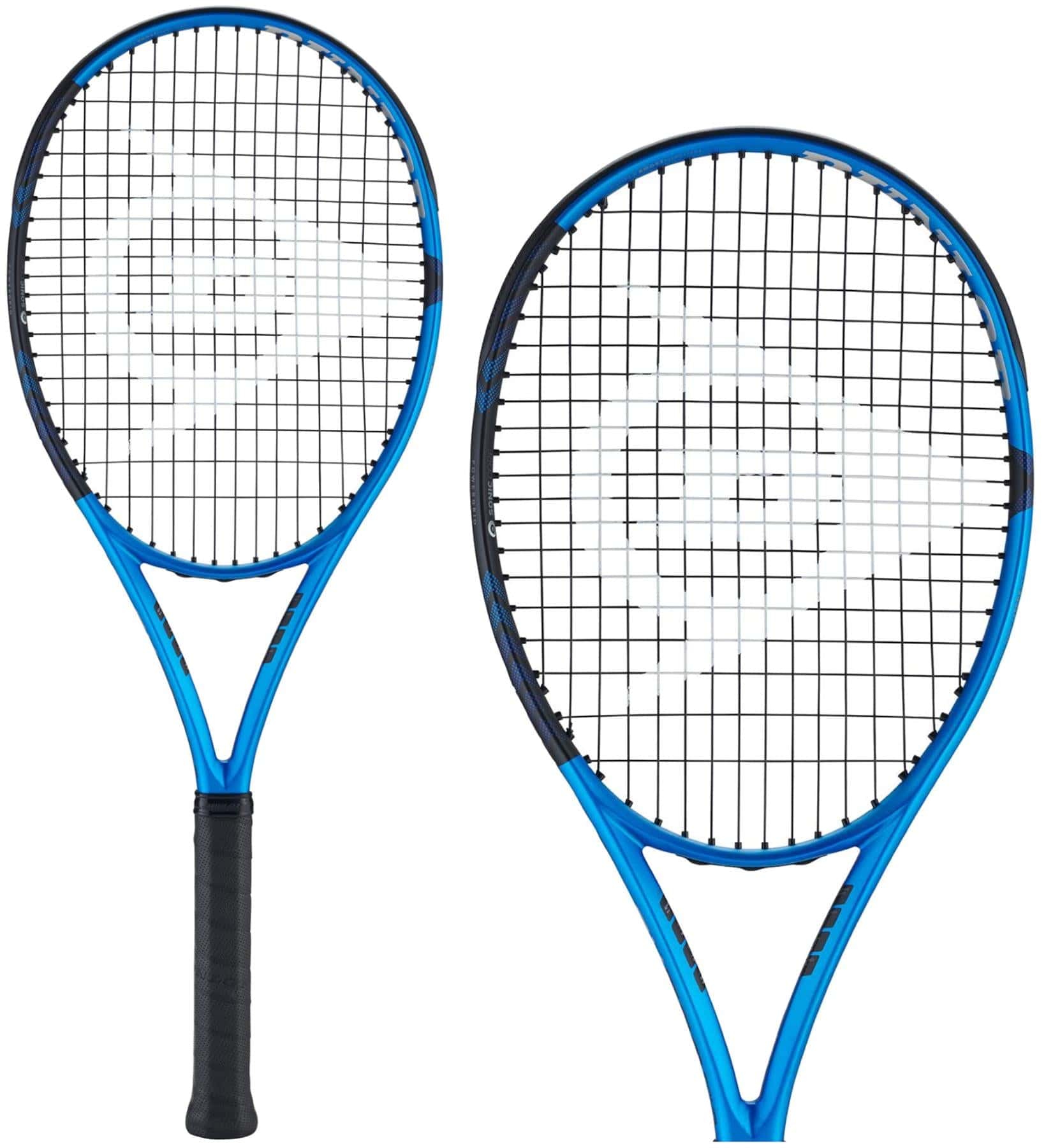 Two Dunlop FX 500 Tour 2023 tennis rackets in blue with black grips are displayed against a white background. The strings feature a crisscrossed grid pattern, and the sleek design is enhanced by Sonic Core technology. One racket faces front while the other is slightly angled for optimal power boost.