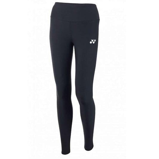 The Yonex YL3000 Girls / Womens Leggings in black highlight a white logo on the left hip and are made from stretchable fabric, offering a form-fitting design perfect for both sports and casual occasions. These leggings feature sweat-absorbing properties for added comfort against a plain white backdrop.