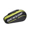 The Dunlop SX-Performance 3 Racket Thermo Tennis Bag in black and yellow showcases a stylish design with the brand name prominently displayed in bold white letters. Its elongated, rounded shape includes several compartments, featuring a thermo-insulated section for optimal gear storage.