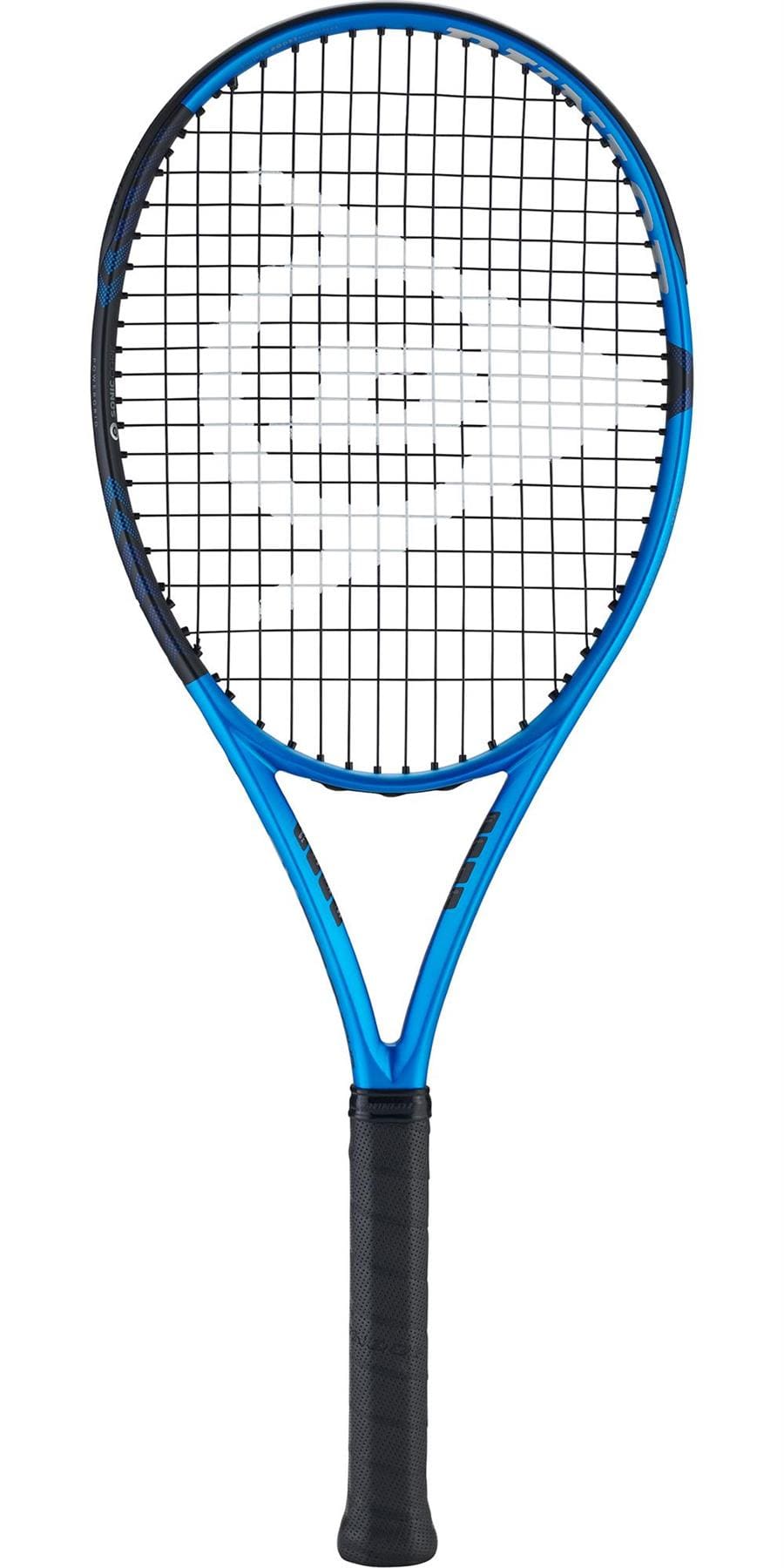 Introducing the Dunlop FX 500 Tour 2023 Tennis Racket in blue and black, featuring a stylish design and advanced Sonic Core technology that enhances power. Its oval frame showcases a mesh string pattern with a distinctive white logo, making it an ideal choice for contemporary players looking to elevate their performance on the court.