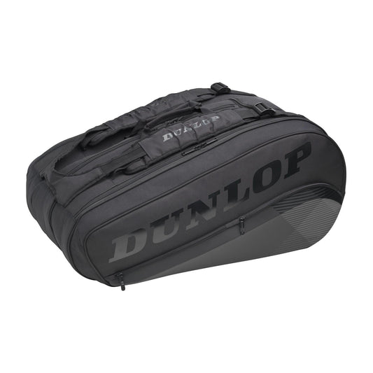 The Dunlop CX Performance 8 Racket Thermo Tennis Bag in black offers multiple zippers and compartments and features ergonomic shoulder straps. The brand name "DUNLOP" is prominently printed on the side in bold letters.