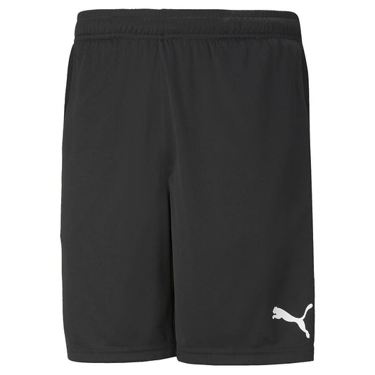 The Puma Team RISE Men's Training Shorts in black showcase a white Puma logo on the lower left corner. Designed for breathability with an elastic waistband, these shorts offer comfort and durability for any workout.