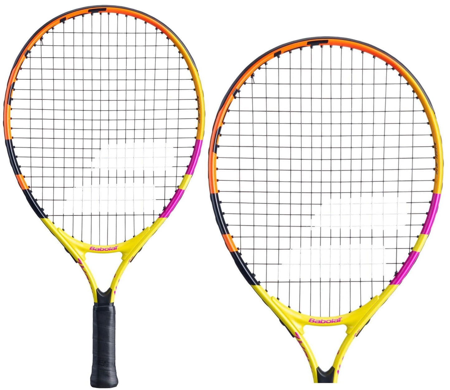 Displayed side by side, the Babolat Nadal Junior 21 Tennis Rackets are perfect for young players. These vibrant rackets feature a lively mix of yellow, orange, and purple on their frames, along with black string patterns and handles, promising to add flair to any court.