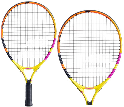 Displayed side by side, the Babolat Nadal Junior 21 Tennis Rackets are perfect for young players. These vibrant rackets feature a lively mix of yellow, orange, and purple on their frames, along with black string patterns and handles, promising to add flair to any court.