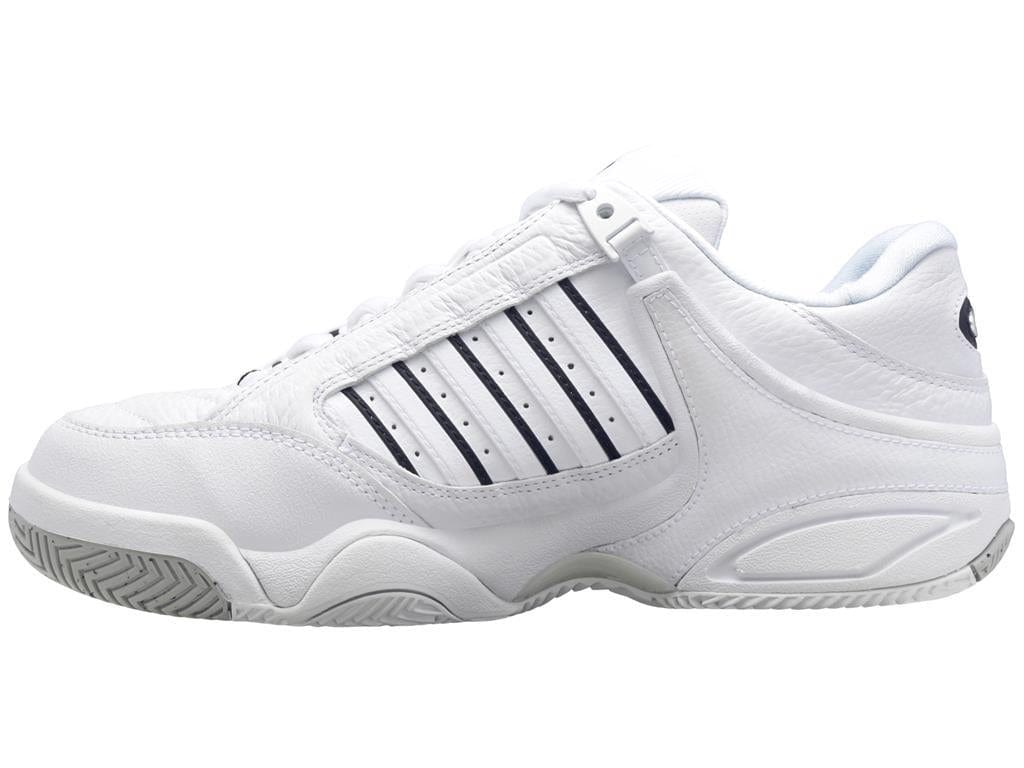 Introducing the K-Swiss Defier RS Men's Tennis Shoes in White and Black—these shoes boast a sleek, modern design with black striping detail along the sides. They feature a durable, textured sole and padded ankle support to enhance stability during various sports activities. The lace-up design offers a secure fit for athletic performance.