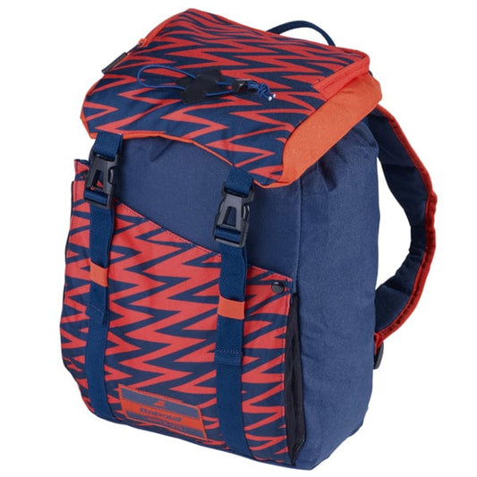 Introducing the Babolat Junior Classic Tennis Backpack in blue and red: This stylish backpack features a zigzag pattern on the flap and front pocket. Made from recycled PET, it comes with black buckles, a top handle, adjustable shoulder straps, and a convenient racket holder for all your junior tennis needs.