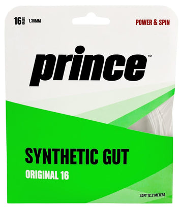 The packaging for the Prince Synthetic Gut Original White String Set by Prince showcases a green and white design. It highlights "Power & Spin" to boost performance, with details on string specifications: 16 gauge, 1.30 mm, and a length of 40 feet (12.2 meters).
