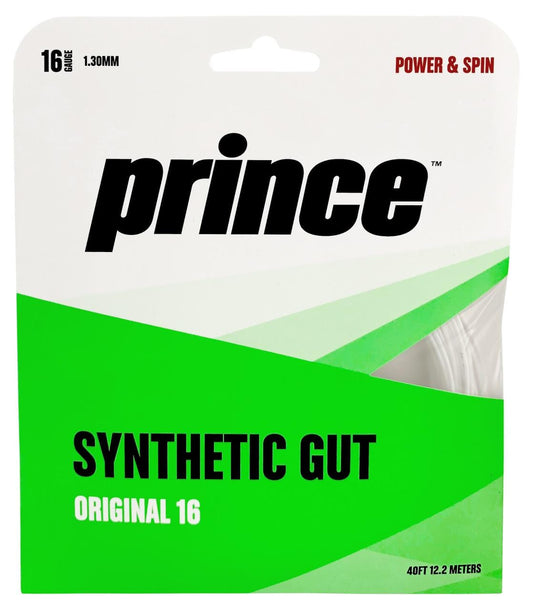The packaging for the Prince Synthetic Gut Original White String Set by Prince showcases a green and white design. It highlights "Power & Spin" to boost performance, with details on string specifications: 16 gauge, 1.30 mm, and a length of 40 feet (12.2 meters).